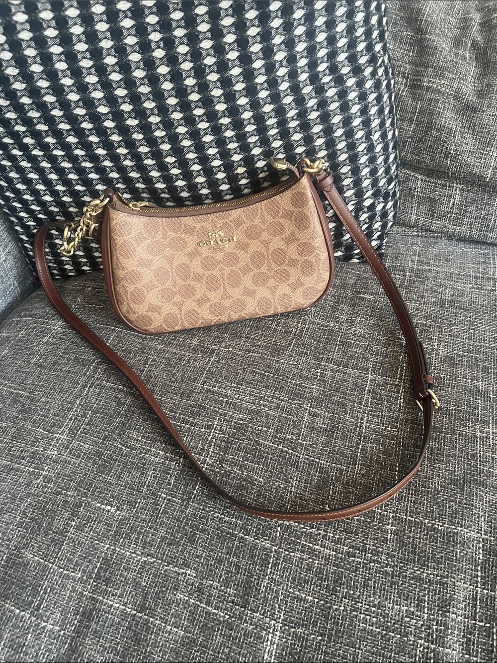 COACH Brown Signature Canvas Small Crossbody with Gold Hardware